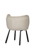 Een moderne, beige gestoffeerde stoel met een gebogen rugleuning en vier zwarte poten, van achteren en iets opzij gezien tegen een witte achtergrond.