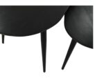 Twee overlappende, donkere ovale tafelbladen met slanke poten tegen een witte achtergrond. Het ontwerp oogt strak en minimalistisch.