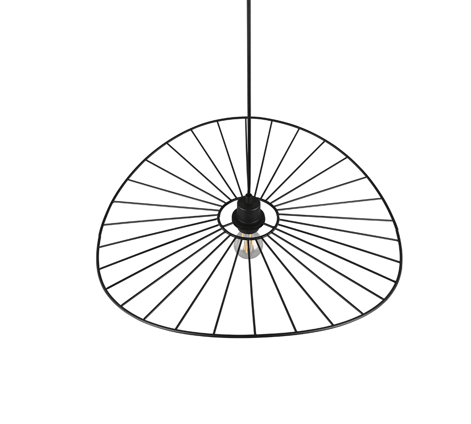 Een moderne hanglamp met een brede, ronde zwarte metalen kap met een radiaal, spaakachtig patroon. De lamp is zichtbaar aan de binnenkant, hangend aan een centrale armatuur.