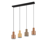 Een moderne plafondlamp met vier hanglampen op een rij. Elke lamp heeft een cilindrische kap met een metalen afwerking in verschillende tinten koper en goud, opgehangen aan een zwarte rechthoekige basis.