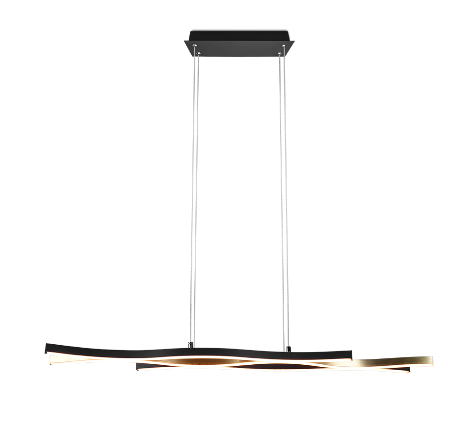 Een moderne, rechthoekige hanglamp met een strakke, zwarte afwerking en een gedraaid design. Twee kabels hangen de lamp aan een zwarte plafondbevestiging. De onderste rand straalt een zachte, warme gloed uit.