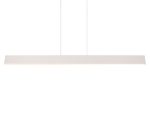 Minimalistische rechthoekige hanglamp met een witte afwerking en een gestroomlijnd design, opgehangen aan twee slanke kabels tegen een effen witte achtergrond.
