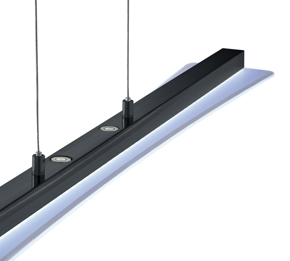 Een strakke zwarte en zilveren LED-hanglamp hangt aan het plafond met twee kabels. Het heeft een modern design met geïntegreerde kleine ronde spots over de lengte, die een zachte, witte gloed uitstralen.