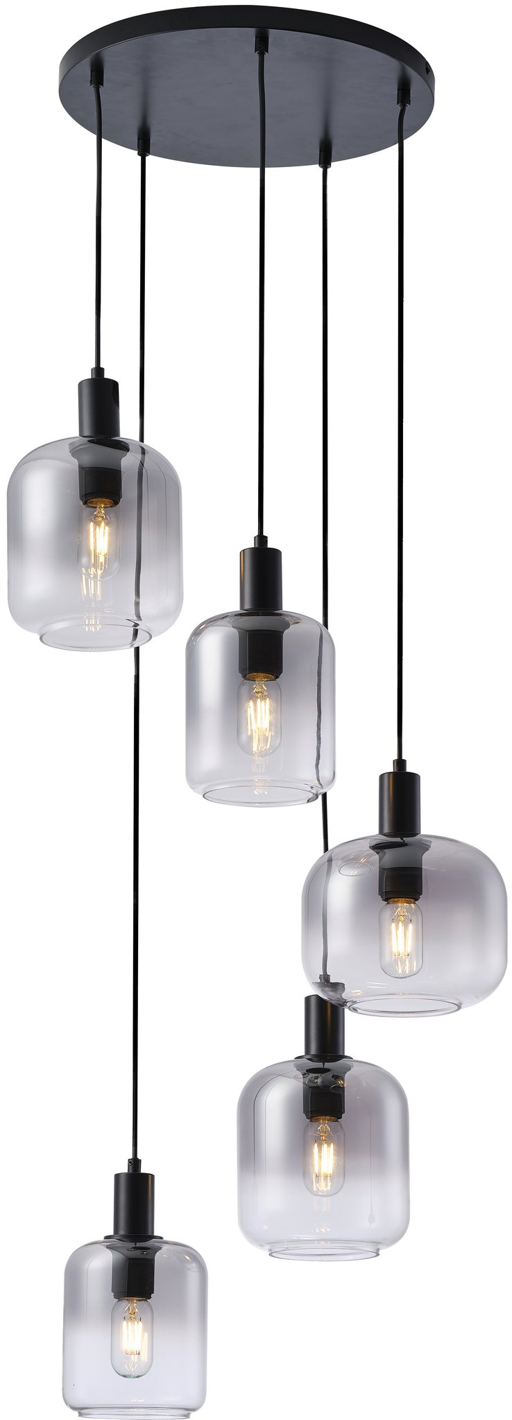 Een moderne hanglamp met een zwarte ronde basis en vijf hangende heldere glazen kappen. Elke kap bevat een zichtbare filamentlamp, opgehangen op verschillende lengtes, wat een stijlvolle, eigentijdse look creëert.