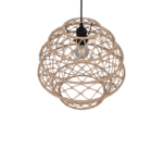 Een hangende hanglamp met een rond, geweven touwontwerp rondom een heldere glazen bol. De armatuur heeft een zwarte metalen bovenkant. Het touw creëert een geometrisch patroon, wat de lamp een rustieke uitstraling geeft.