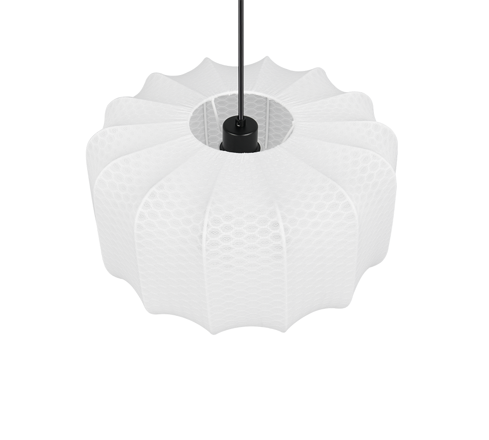 Een moderne, witte hanglamp met een geschulpt ontwerp en een zwart snoer, met een gestructureerd oppervlak. Het heeft een elegante, eigentijdse look, ideaal voor stijlvolle interieurs.