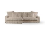 Een beige 3-zits bank, model CL L+R in Vito 23 stof (D460 beige), heeft geribbelde corduroy bekleding met drie zitkussens en vier bijpassende rugkussens, tegen een witte achtergrond.