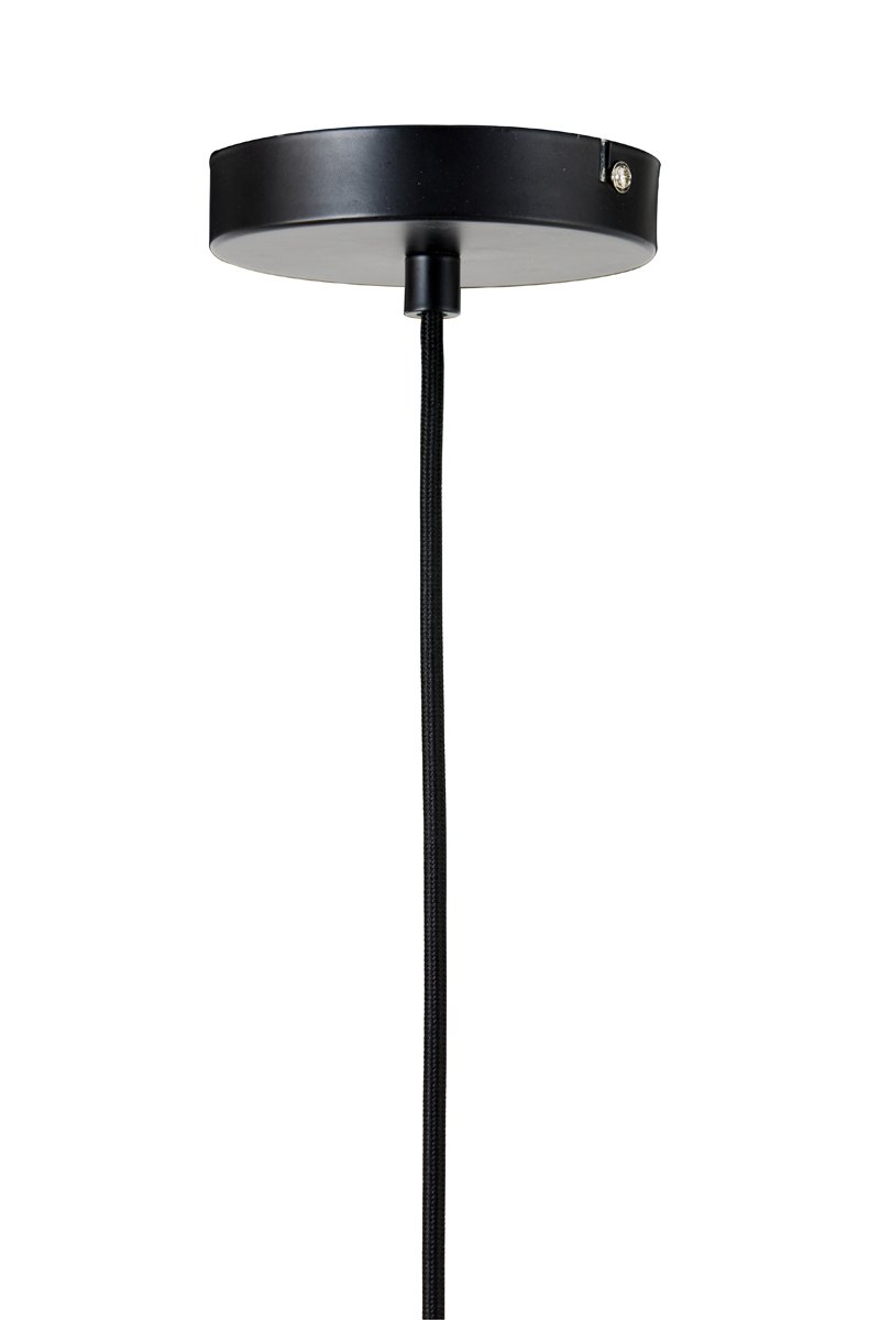 Een zwarte plafondluifel met een ronde, platte basis is verbonden met een enkele ophangkabel. Het luifelontwerp is eenvoudig en minimalistisch, geschikt voor het ondersteunen van hanglampen of soortgelijke armaturen.