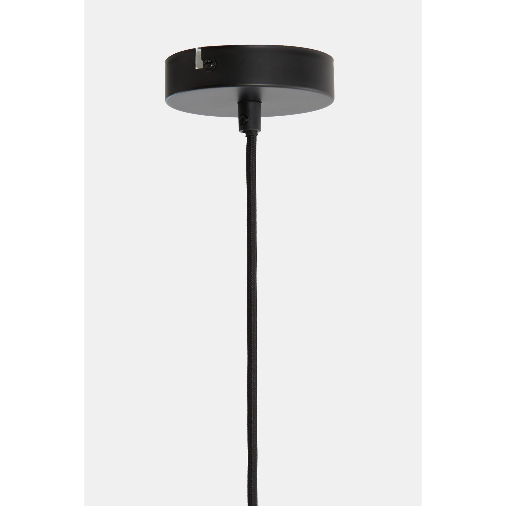 Een moderne, zwarte plafondlamp met een ronde voet en één hangend snoer, tegen een witte achtergrond.