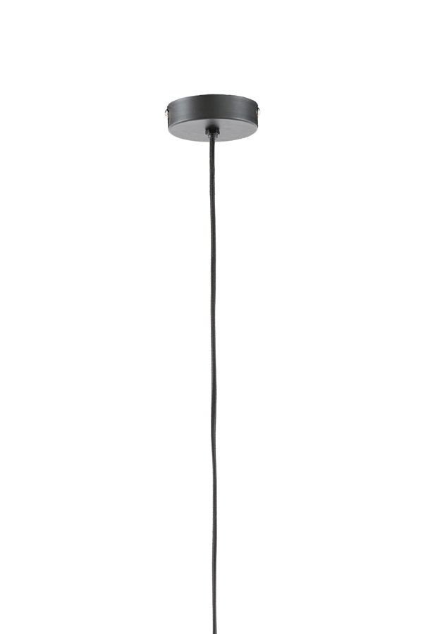 Minimalistische zwarte plafondlamp met een eenvoudige ronde kap en een lang recht snoer dat naar beneden hangt, tegen een witte achtergrond.