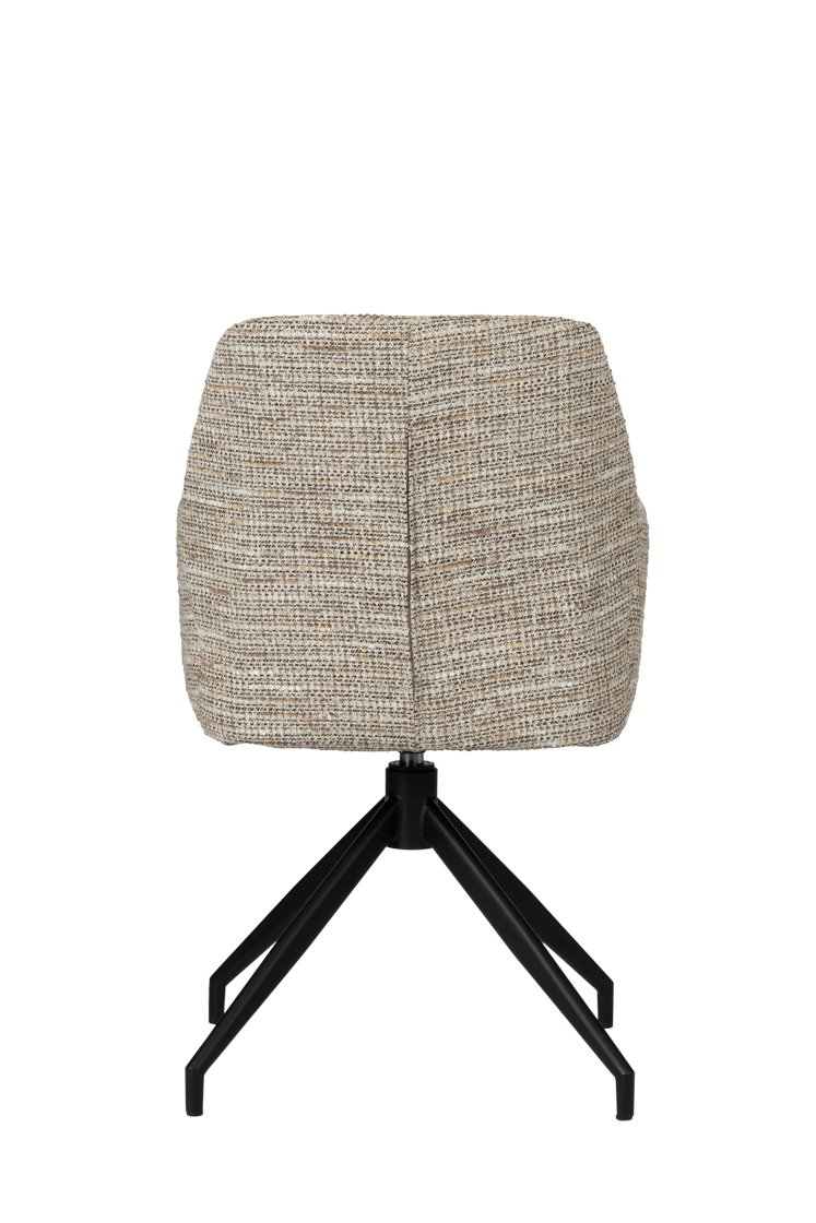 Een moderne gestoffeerde stoel met een beige en bruine textuurstof. Het heeft een zwarte metalen basis met vier schuine poten, van achteren af te zien tegen een effen witte achtergrond.