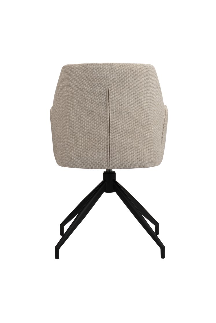 Een beige gestoffeerde stoel met een modern design, gezien vanaf de achterkant. Het heeft een zwarte metalen draaivoet met vier poten die naar buiten steken. De stoel heeft een strakke, minimalistische look tegen een witte achtergrond.
