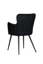 Een zwarte, moderne stoel met een gebogen rugleuning en strakke, hoekige poten, gezien vanaf de achterkant. De stoel heeft een glad, minimalistisch design.