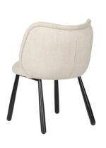 Beige gestoffeerde stoel met een afgeronde rugleuning, van achteren gezien. De stoel heeft vier zwarte, hoekige poten, wat hem een modern, minimalistisch design geeft.