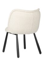 Een moderne beige gestoffeerde stoel met zwarte cilindrische poten, gezien vanaf de achterkant. De stoel heeft een ronde zitting en rugleuning, wat hem een strak en minimalistisch design geeft.