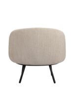 Een beige, ronde poef met een oppervlak van gestructureerde stof en strakke zwarte metalen poten, van voren afgebeeld tegen een witte achtergrond.