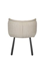 Een moderne stoel met een lichtbeige stoffen bekleding en strakke, zwarte metalen poten, van achteren gezien tegen een effen witte achtergrond.