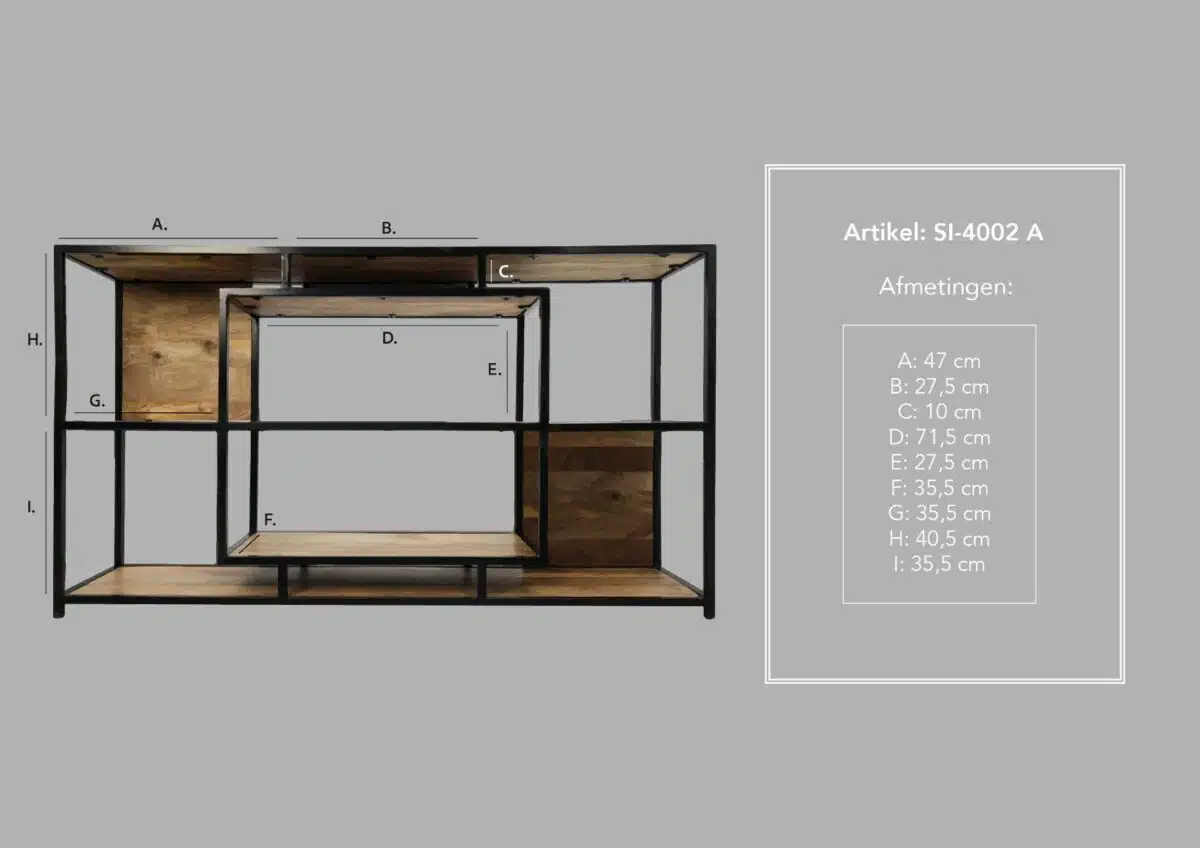 Een houten en metalen stellingkast met negen compartimenten, gelabeld A tot I. De afmetingen zijn in centimeters voor elk compartiment. De tekst "Artikel: SI-4002 A Afmetingen" wordt aan de rechterkant weergegeven. De achtergrond is grijs.