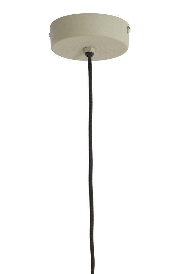 Een eenvoudige hanglamp met een ronde beige plafondbevestiging. Een enkel zwart snoer hangt vanuit het midden naar beneden.