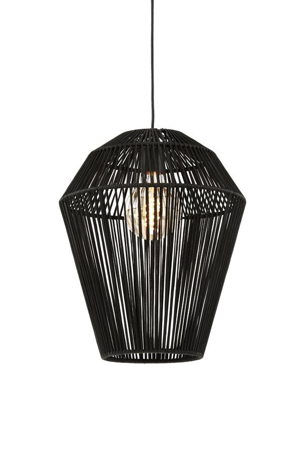 Een moderne hanglamp met een geometrisch wireframe-ontwerp in het zwart, met een zichtbare lamp erin. Het armatuur hangt aan een snoer, wat een open en luchtige structuur met een industriële esthetiek laat zien.