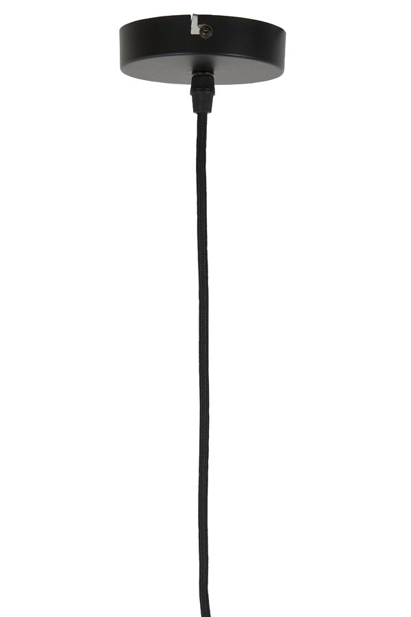 Close-up van een zwarte plafondlamp met een lange zwarte kabel die naar beneden hangt. De lamp heeft een ronde basis die aan het plafond is bevestigd. Het eenvoudige ontwerp contrasteert met de effen witte achtergrond.