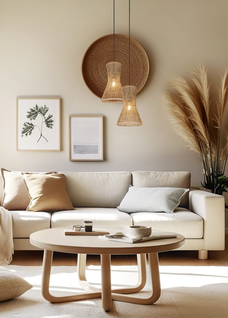 Een gezellige woonkamer met een beige bank, diverse kussens en een ronde houten salontafel. Er hangen rieten hanglampen boven, met ingelijste kunst en een grote decoratieve waaier aan de muur. Pampasgras in een vaas voegt een natuurlijke touch toe.