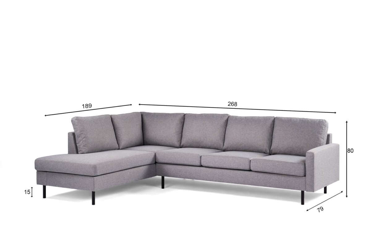 Een grijze L-vormige sectionele bank met vijf kussens. Afmetingen zijn aangegeven: 189 cm en 268 cm langs de achterkant, 79 cm diepte, 80 cm hoogte en 15 cm poothoogte. De chaise longue staat links.