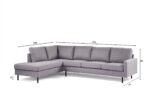 Een grijze L-vormige sectionele bank met vijf kussens. Afmetingen zijn aangegeven: 189 cm en 268 cm langs de achterkant, 79 cm diepte, 80 cm hoogte en 15 cm poothoogte. De chaise longue staat links.