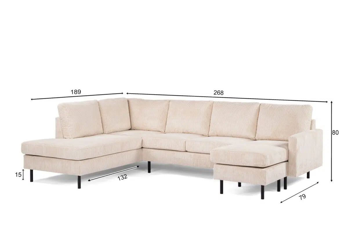 Beige L-vormige sectionele bank met vijf kussens en zwarte poten. Afmetingen zijn aangegeven in centimeters: 268 breed, 189 aan de linkerkant, 132 aan de rechterkant, 80 hoog, 15 vanaf de grond en een chaise longue van 79.