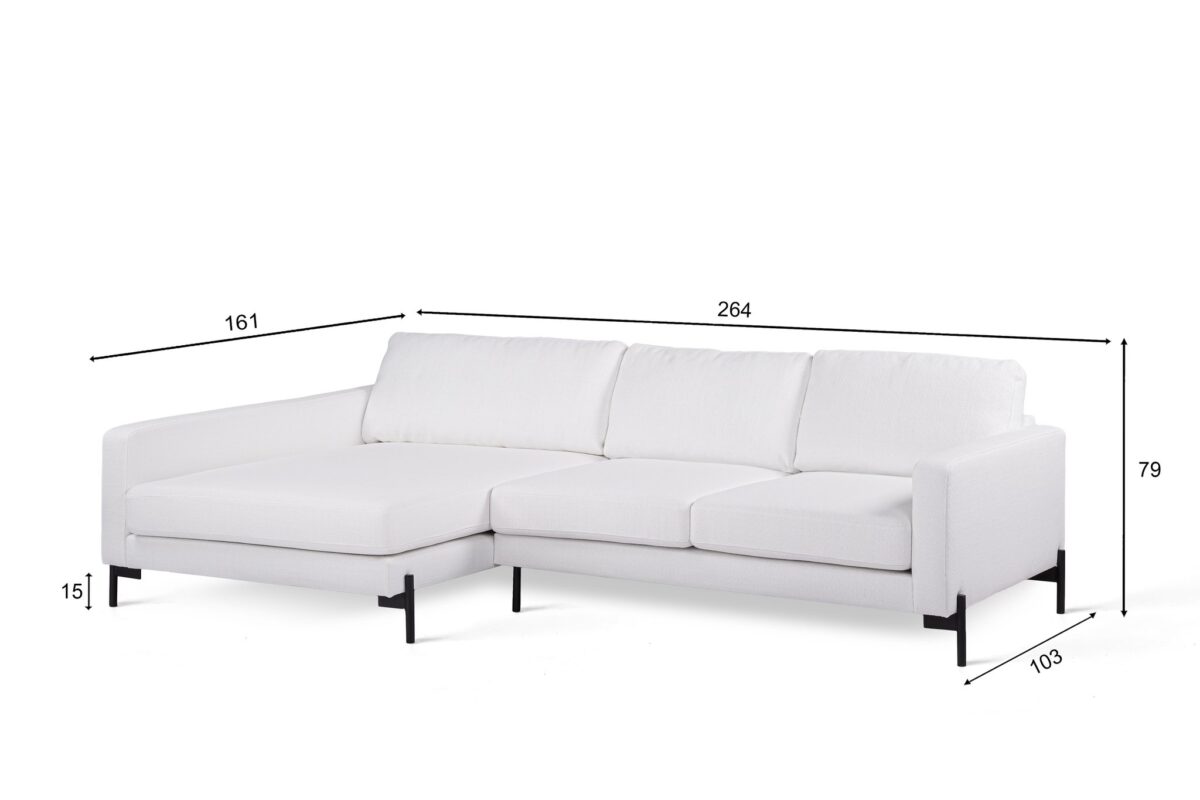 Een moderne witte sectionele bank met de afmetingen weergegeven. Het linker gedeelte is gemarkeerd op 161 cm, de lengte is 264 cm, de hoogte is 79 cm, de diepte is 103 cm en de poothoogte is 15 cm. De bank heeft drie zitkussens en een chaise longue aan de linkerkant.