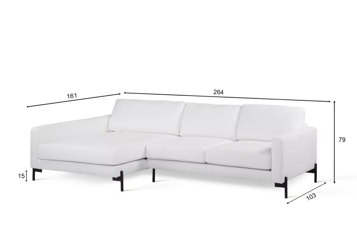 Witte L-vormige sectionele bank met zwarte metalen poten op een witte achtergrond. Afmetingen gelabeld: 161 cm lengte voor chaise longue, 264 cm totale lengte, 79 cm hoogte, 103 cm diepte en 15 cm poothoogte. Rugkussens tonen drie secties.
