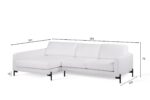 Witte L-vormige sectionele bank met zwarte metalen poten op een witte achtergrond. Afmetingen gelabeld: 161 cm lengte voor chaise longue, 264 cm totale lengte, 79 cm hoogte, 103 cm diepte en 15 cm poothoogte. Rugkussens tonen drie secties.