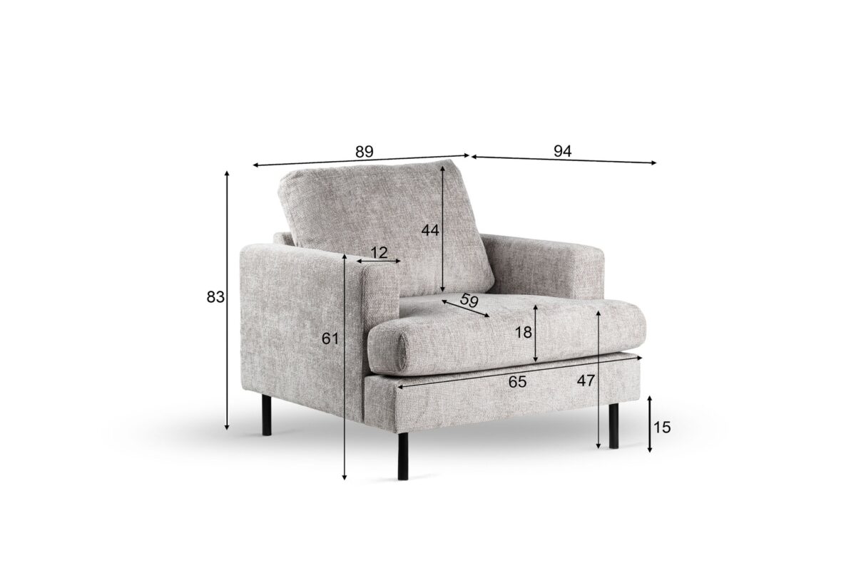 Een grijze gestoffeerde fauteuil met diverse afmetingen, aangegeven in centimeters: hoogte (83), hoogte rugleuning (44), breedte zitting (59), totale breedte (89, 94), armleuninghoogte (61, 12), hoogte zitting (47), hoogte poot (15) en diepte zitting (65).