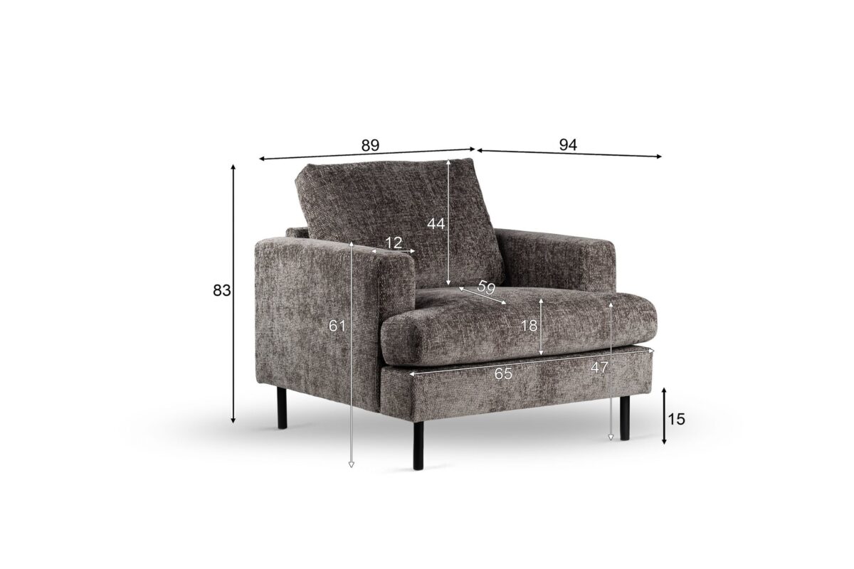 Grijs gestoffeerde fauteuil met zwarte poten tegen een witte achtergrond. De maten in centimeters zijn aangegeven: hoogte 83, rughoogte 44, zithoogte 47, armhoogte 61, diepte 94, breedte 89, zitdiepte 65 en zitbreedte 59.