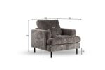Grijs gestoffeerde fauteuil met zwarte poten tegen een witte achtergrond. De maten in centimeters zijn aangegeven: hoogte 83, rughoogte 44, zithoogte 47, armhoogte 61, diepte 94, breedte 89, zitdiepte 65 en zitbreedte 59.