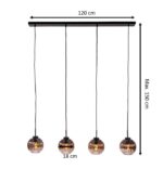 Vier hanglampen met geribbelde glazen bollen hangen aan een zwarte horizontale balk. De afmetingen laten zien dat de balk 120 cm breed is, elke bol 18 cm in diameter is en de maximale hanglengte 150 cm is.