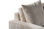 Close-up van de 3 zits bank CL L+R, stof Lincoln 83 in RIB920 naturel met gestructureerde beige corduroy stof en twee grote bijpassende kussens, tegen een witte achtergrond.