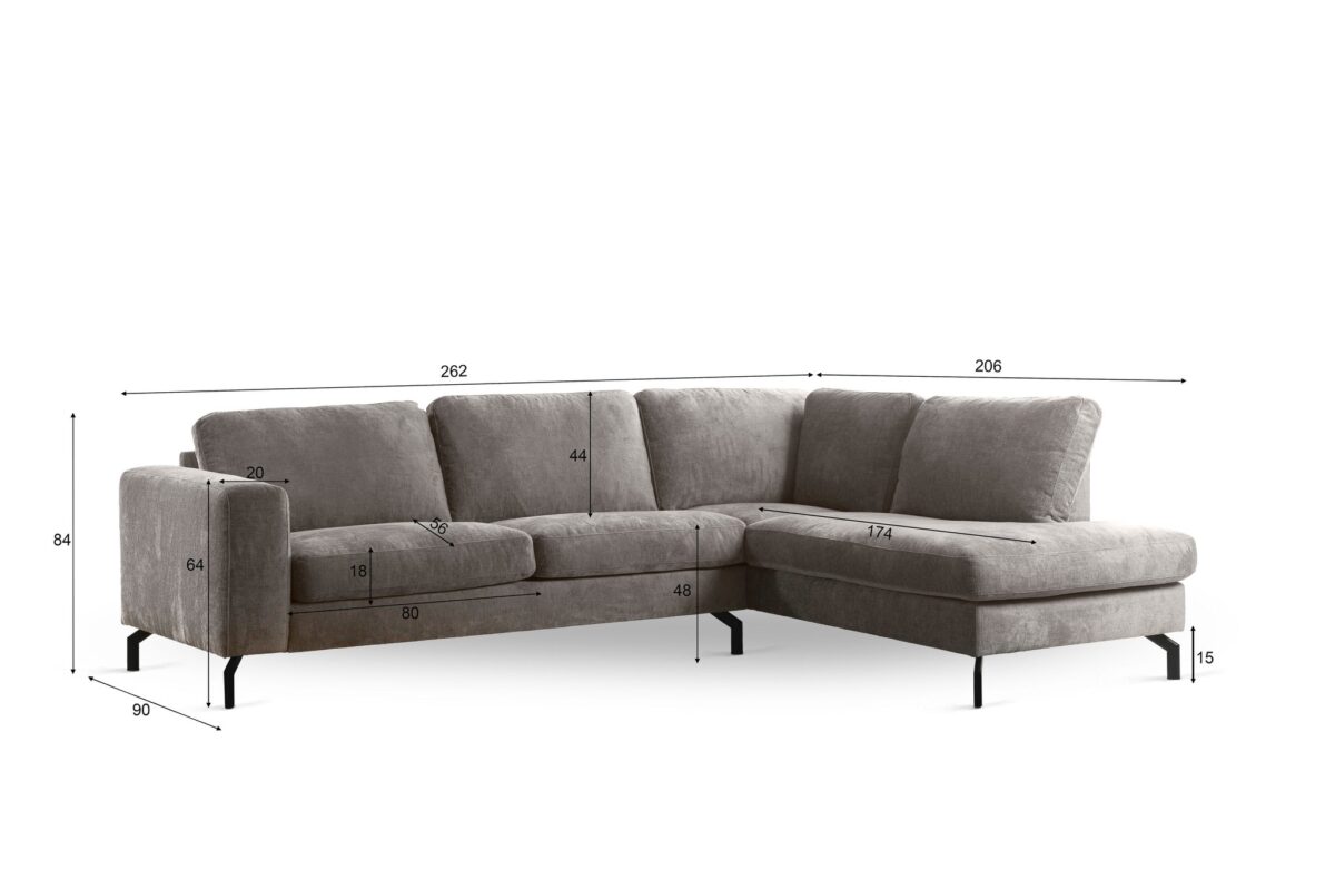 3 zits hoek rechts, stof Perfect Harmony 04 in R720 champagne met metalen poten, getoond tegen een witte achtergrond. De afbeelding bevat afmetingen in centimeters voor diverse bankonderdelen.