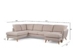 Een lichtbeige L-vormige sectionele bank met houten poten tegen een witte achtergrond. De afmetingen zijn weergegeven: 196 cm, 310 cm en 142 cm lang; 89 cm hoog; 15 cm poothoogte. Vijf rugkussens zijn zichtbaar.
