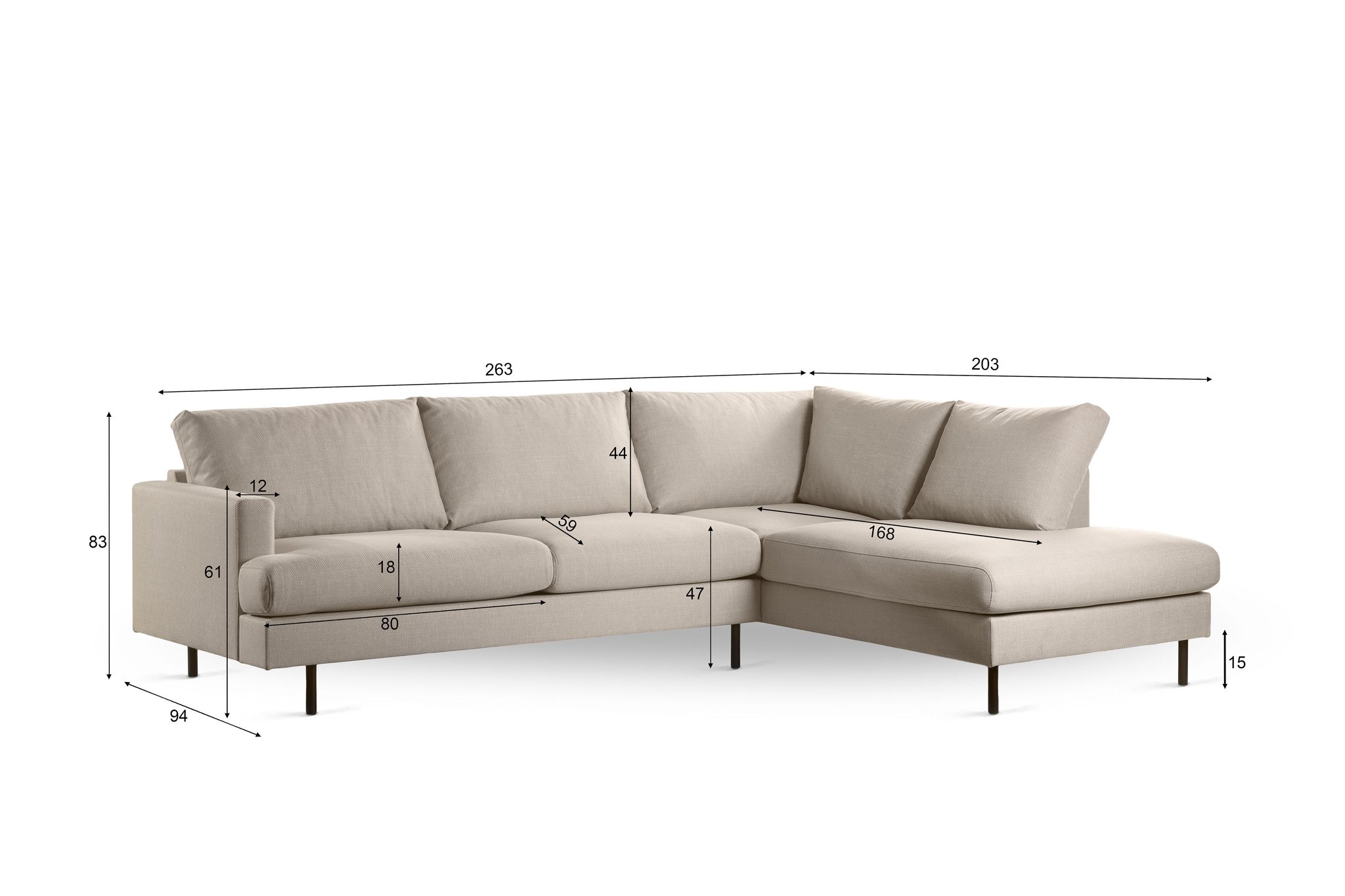 De 3 zits hoek rechts, stof Bjorn 24, W460 beige L-vormige sectionele bank met zwarte poten wordt weergegeven op een witte achtergrond, met afmetingen in centimeters voor breedte, hoogte, diepte en zitmaat weergegeven.