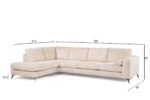 Beige sectionele bank met chaise longue links en vier kussens op strakke zwarte poten. Getoonde afmetingen: chaise longue 213 cm, sofa longue 325 cm, hoogte 88 cm, poothoogte 13,5 cm, diepte 96 cm.