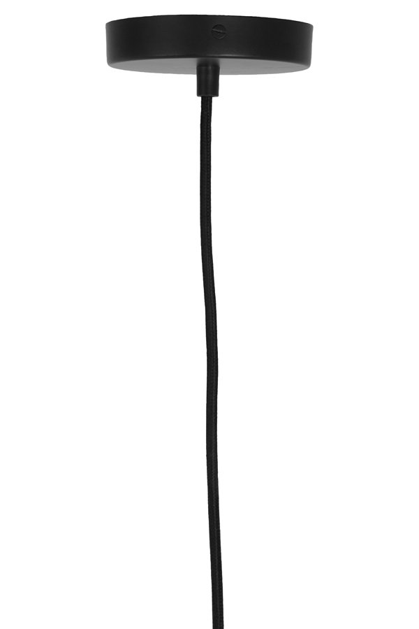 Een zwarte plafondlamp hangsnoer met een ronde plafondbevestiging. Het snoer hangt recht naar beneden tegen een witte achtergrond.
