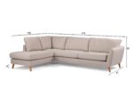 Beige L-vormige sectionele bank met houten poten. Afmetingen zijn aangegeven: 196 cm lengte voor de linkerkant, 278 cm voor de achterkant, 89 cm hoogte, 67 cm diepte en 15 cm poothoogte. Bank heeft zachte kussens en een modern design.