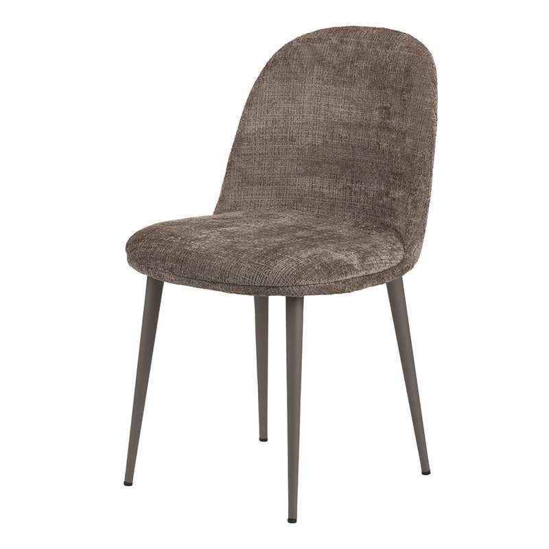 Een moderne stoel met een getextureerde, bruine stoffen zitting en rugleuning. Het heeft vier slanke, taps toelopende metalen poten in een grijze afwerking, wat het een strak en eigentijds uiterlijk geeft.
