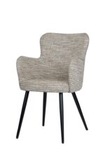 Een moderne fauteuil met een getextureerde beige stoffen bekleding en zwarte metalen poten. De stoel heeft een afgeronde rug en armleuningen, wat zorgt voor een strak en comfortabel design. Perfect voor thuis of op kantoor.