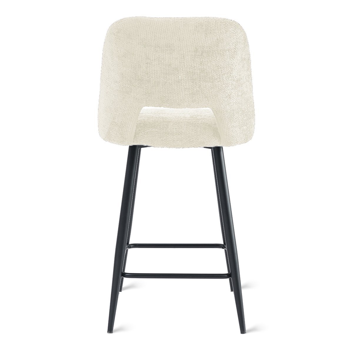 Een moderne barkruk met een witte, getextureerde gestoffeerde zitting en rugleuning. De kruk heeft een uitsparing aan de achterkant en strakke zwarte metalen poten met voetsteunen.