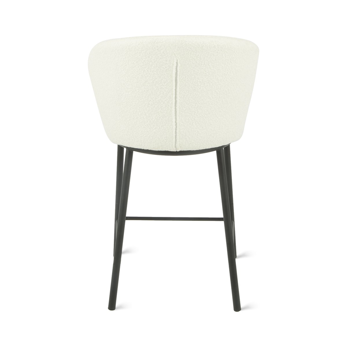 Een moderne stoel met een gebogen, zachte witte rugleuning, ondersteund door vier strakke zwarte poten. Het ontwerp is minimalistisch en elegant, met de nadruk op een mix van comfort en stijl.