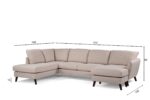 Een beige sectionele bank met donkere houten poten heeft een chaise longue aan de linkerkant. De afbeelding bevat de volgende afmetingen: 310 cm breed, 196 cm lang voor het linkergedeelte, 142 cm voor het rechtergedeelte, 89 cm hoog en 15 cm poothoogte.
