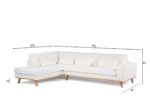 Een witte L-vormige sectionele bank met houten poten op een witte achtergrond. De bank wordt geleverd met verschillende kussens en heeft afmetingen die de lengte en hoogte aangeven: 202 cm, 292 cm, 90 cm, 85 cm en 18 cm.