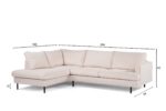 Een beige sectionele bank met strakke lijnen en zwarte poten. Inclusief chaise longue aan de linkerkant. Afmetingen worden aangegeven als 186 cm breedte voor de chaise longue, 264 cm totale breedte, 94 cm diepte, 82 cm hoogte en 15 cm poothoogte.